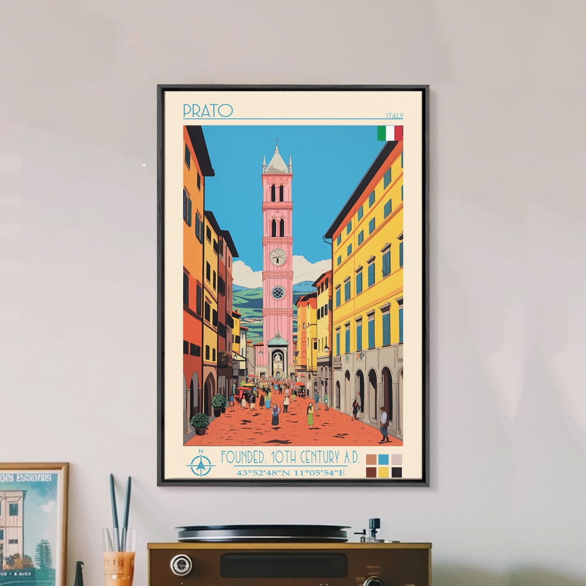 Prato Italy Bustling Street Pink Clock Tower View Travel Poster - Image 3
