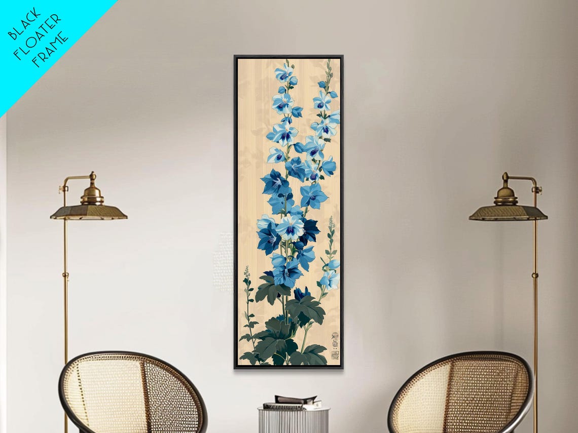Tall Blue Delphinium Flowers Against Beige Japanese Style Wall Art - Image 6