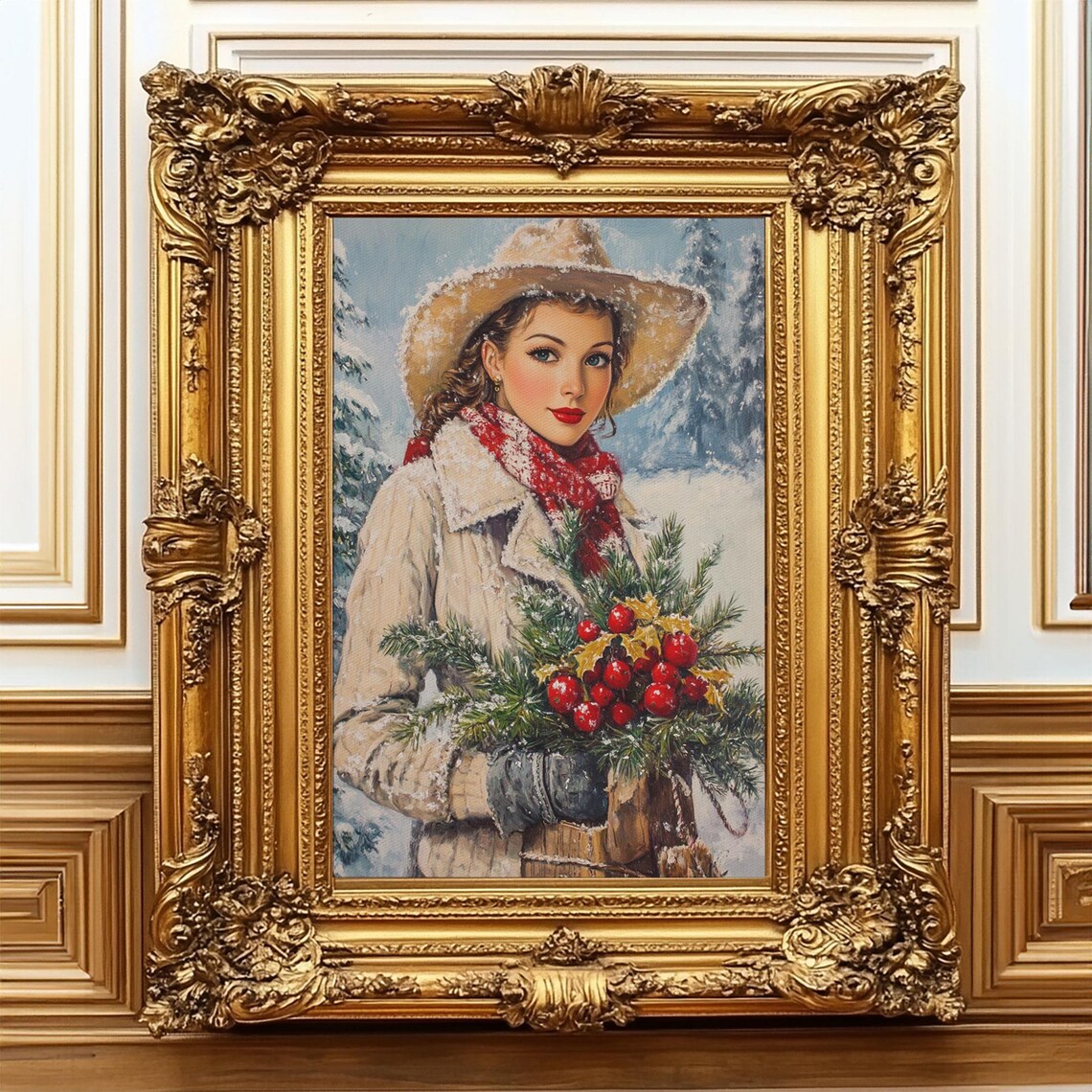 Cozy Christmas Woman Cowboy Hat Holiday Greenery Snow Vintage Wall Art - Image 5