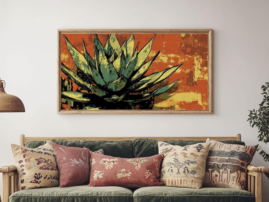Blue Agave Pop Art Bold Orange Background Desert Plant Wall Art - Image 6