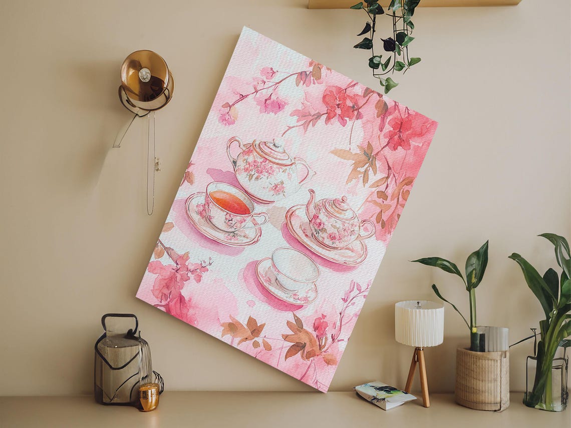 Pink Floral Tea Set With Cherry Blossoms Watercolor Wall Art Print - Image 5