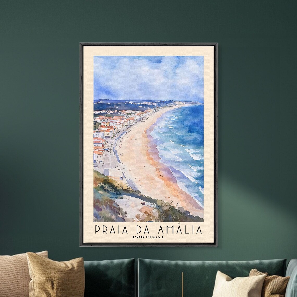 Praia da Amalia Portugal Beach Town Red Roofs Coast Watercolor Poster - Image 5