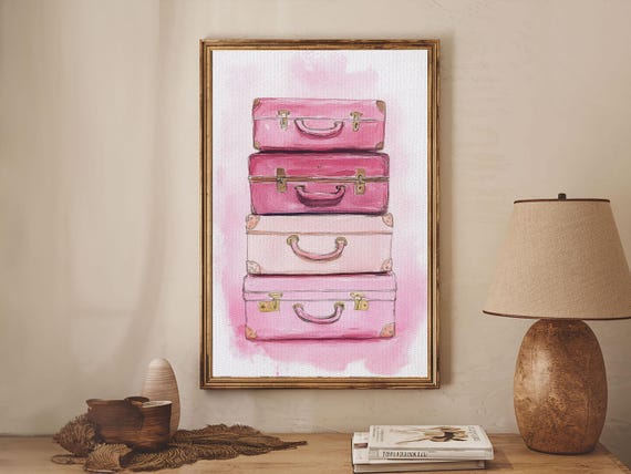 Pink Luggage Stack Print Whimsical Art Vintage Travel Wall Art Cottagecore Wall Art Rustic Decor Bedroom Art Artistic Decor