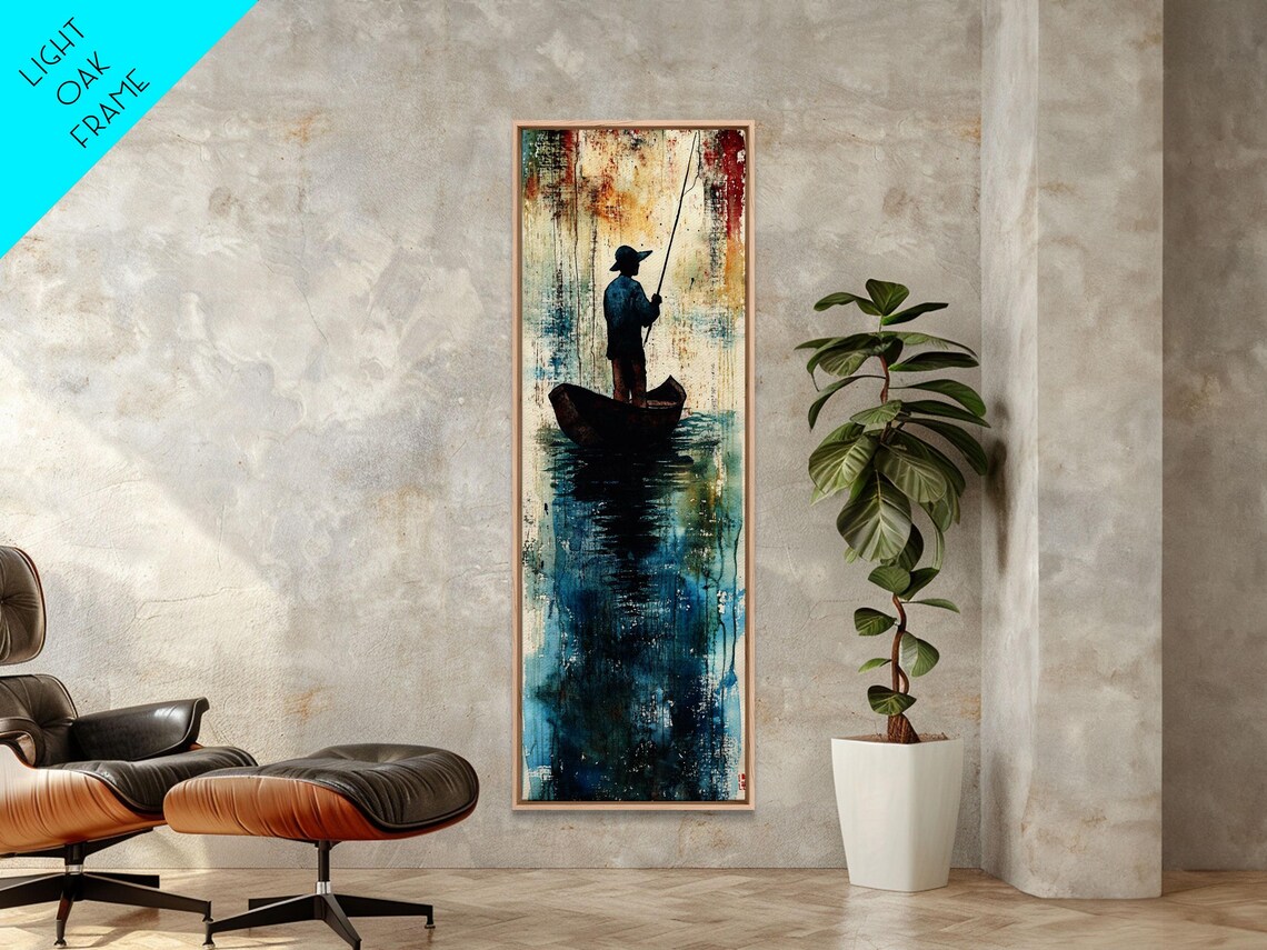 Fisherman in Boat Silhouette Abstract Blue Water Lake Wall Art - Image 6