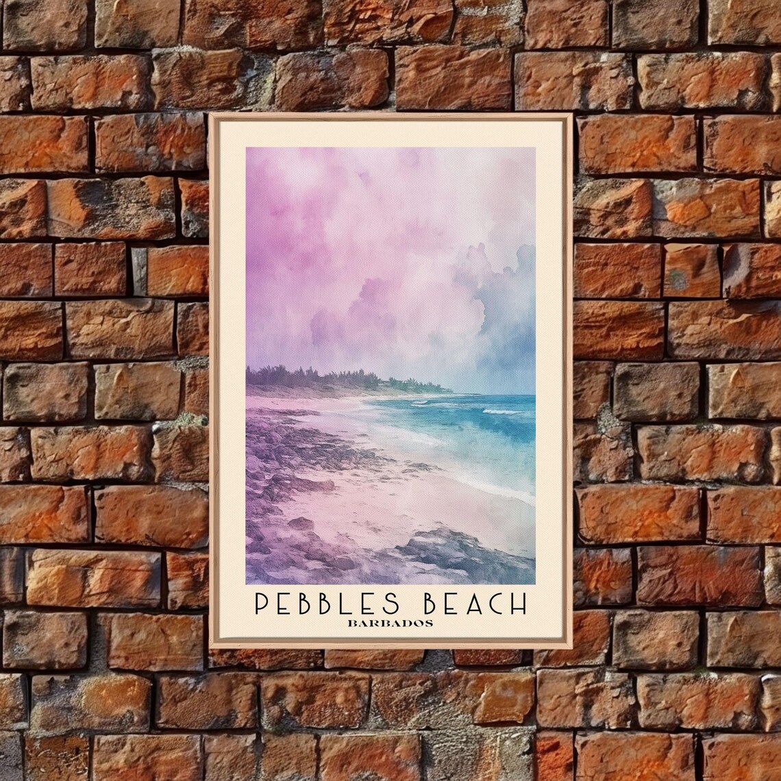 Pebbles Beach Barbados Rocky Shore Pink Clouds Turquoise Water Travel Poster - Image 4