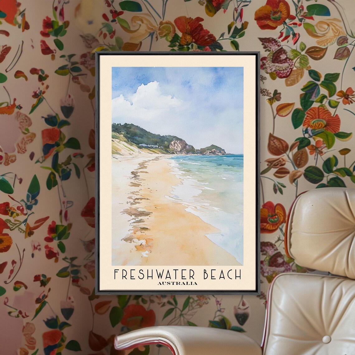 Freshwater Beach Australia Long Sandy Surf Beach Green Headlands Watercolor Poster - Image 2