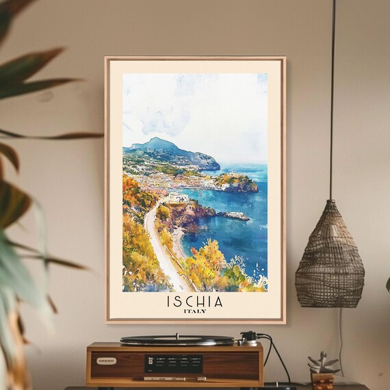 Ischia Italy Coastal Town Harbor Bay Hills Watercolor Travel Poster