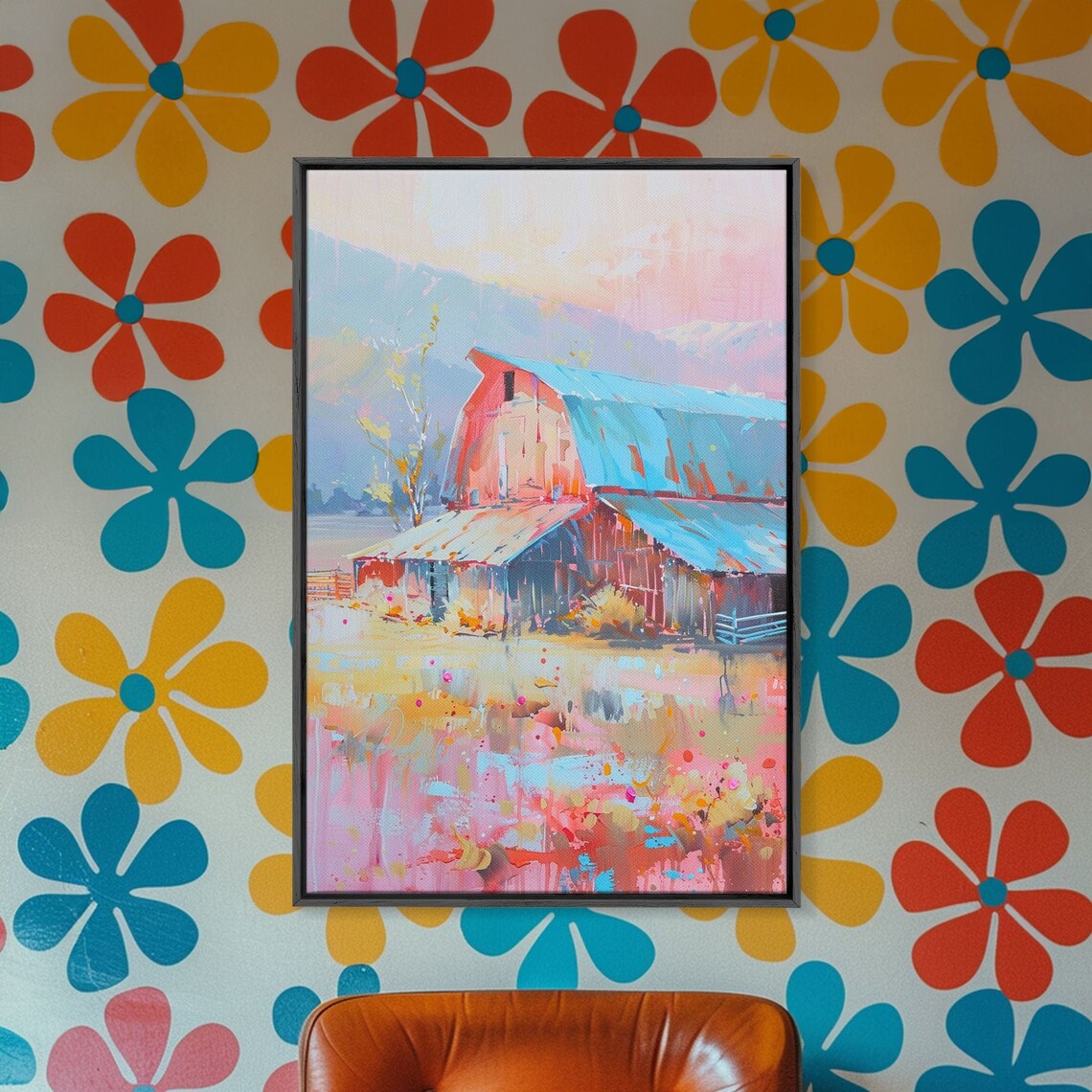 Rustic Red Barn Blue Roof Mountain Countryside Farm Art Wall Poster - Image 4