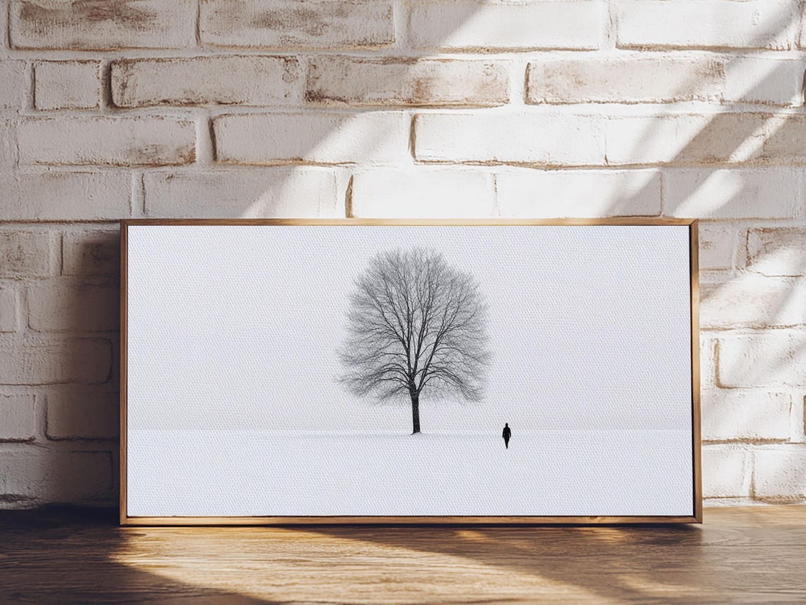 Lone Bare Tree Winter Snowfield Minimalist Serene White Art Poster - Image 6