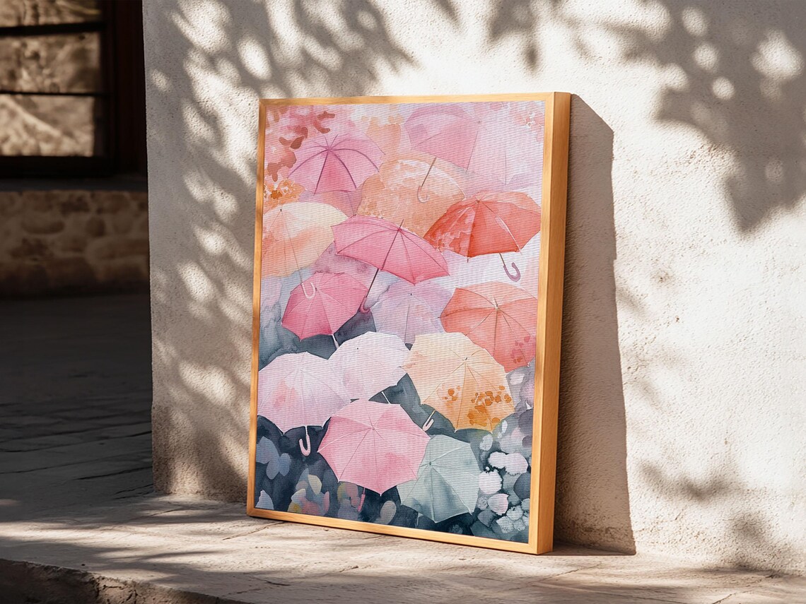 Pink Umbrellas Aerial Watercolor Whimsical Rainy Day Wall Art Poster - Image 6