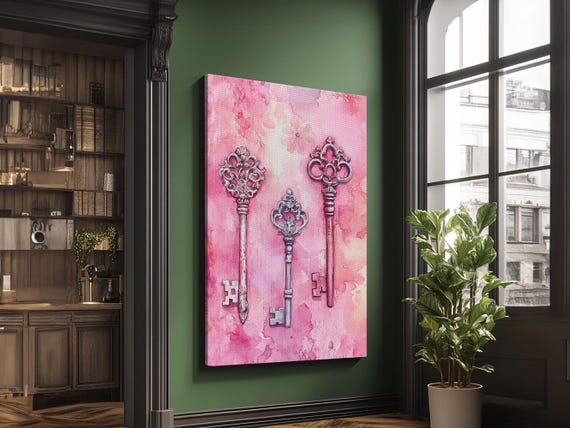 Vintage Keys Print Pink Wall Art Featuring Whimsical Cottagecore Decor For Living Room Rustic Farmhouse Art Decoration