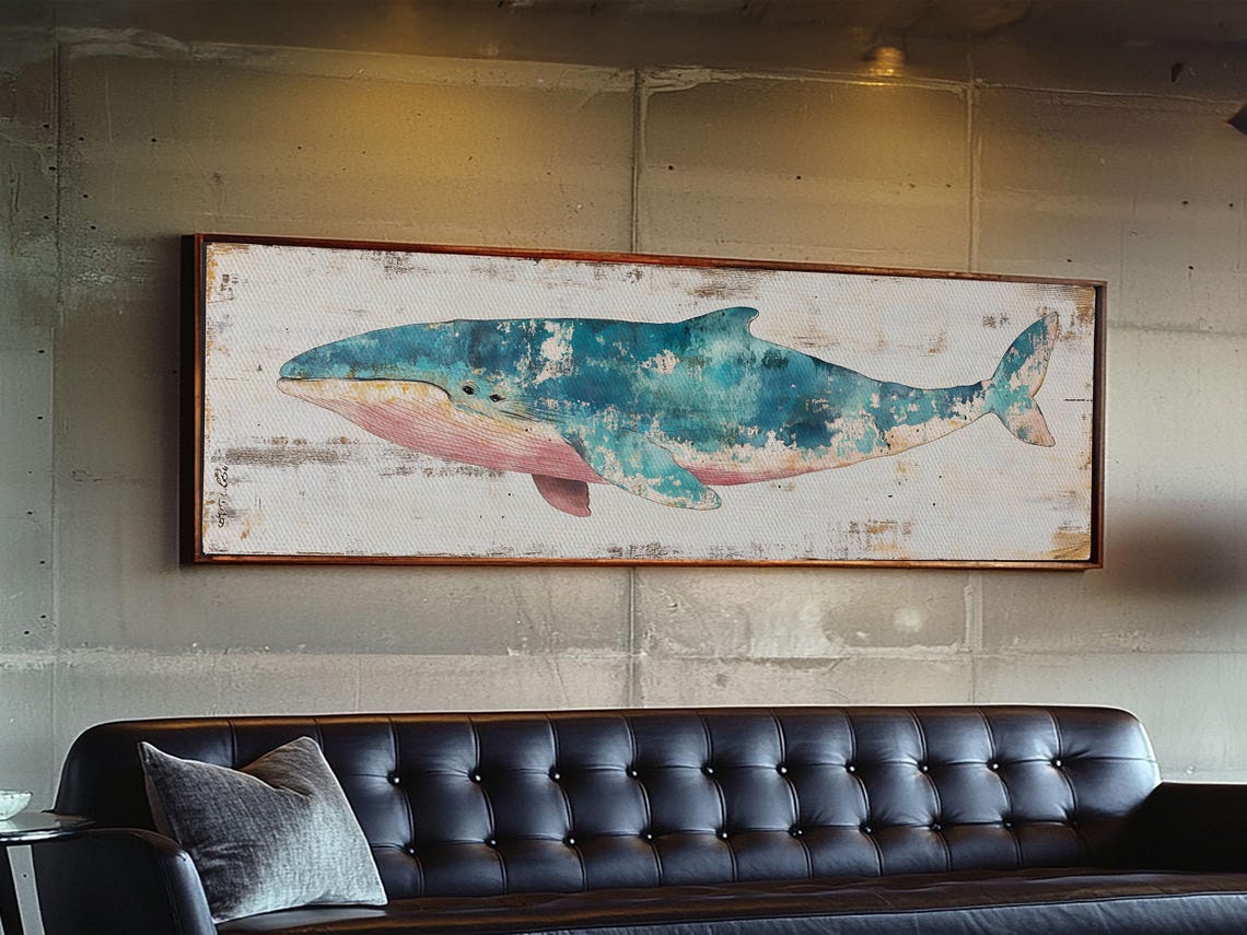 Turquoise Whale Watercolor Distressed Panoramic Coastal Wall Poster - Image 3