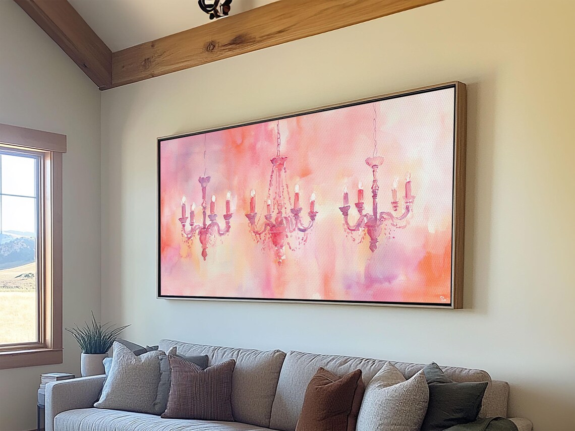 Pink Candle Chandeliers Trio Watercolor Warm Romantic Lighting Poster