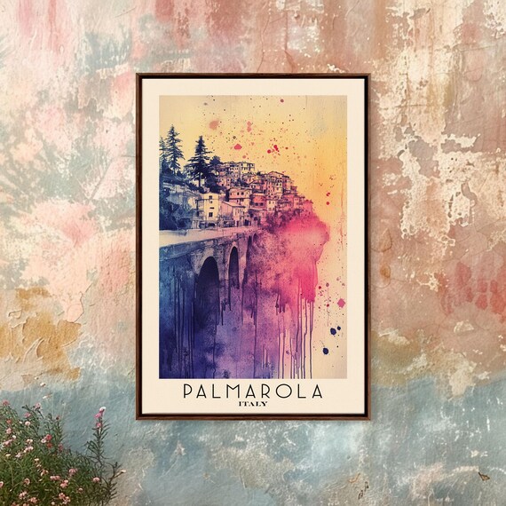 Palmarola Italy Cliffside Town Artistic Pink Purple Watercolor Travel Poster