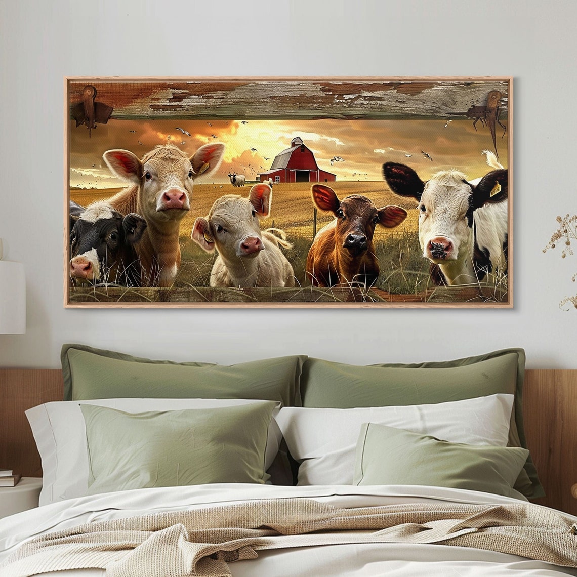 Cute Calves Peeking Fence Red Barn Sunset Farmyard Wall Art Poster - Image 5