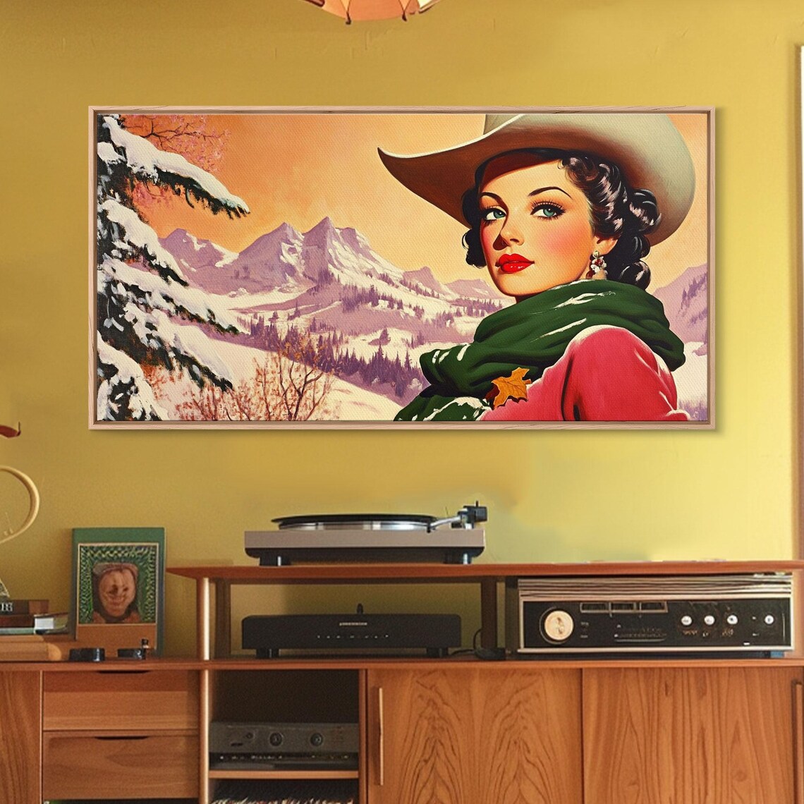 Retro Pinup Cowgirl Portrait Snowy Purple Mountains Scarf Style Poster - Image 4