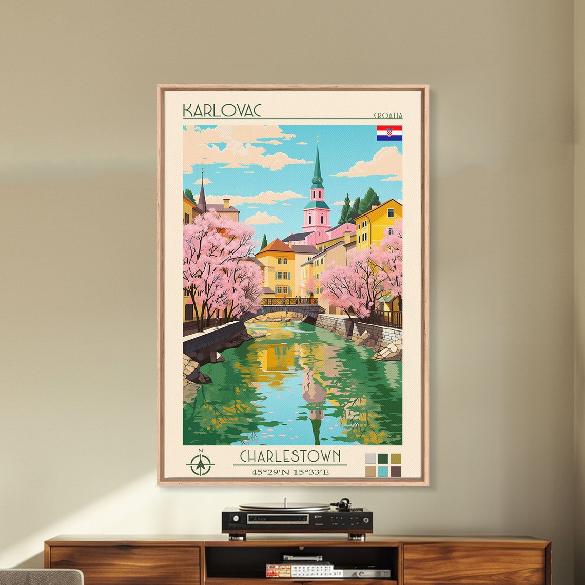 Karlovac Croatia Riverside Bridge Blossom Trees Spring View Poster - Image 2