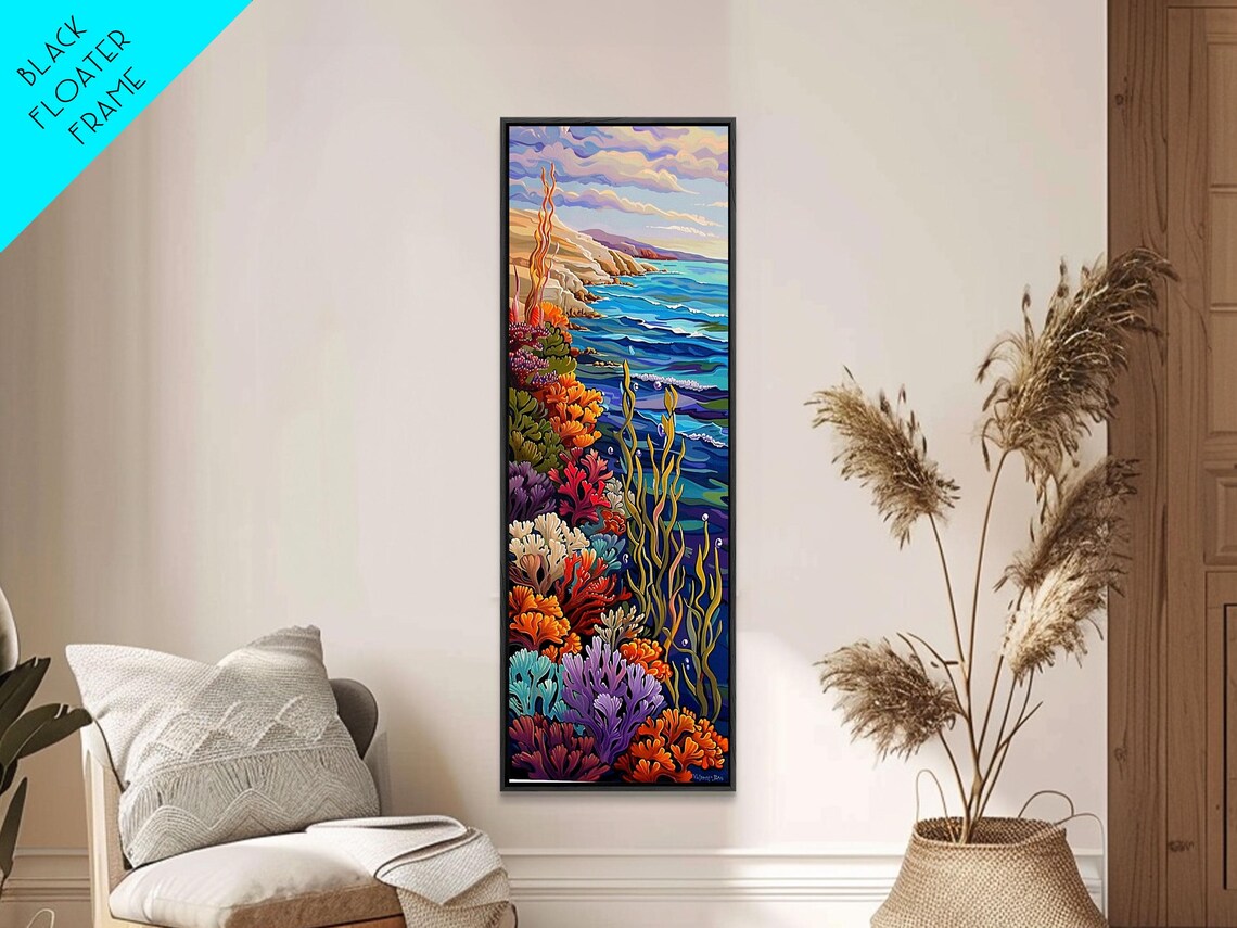Colorful Coral Reef Ocean Cliffs Sunset Seascape Vertical Travel Poster