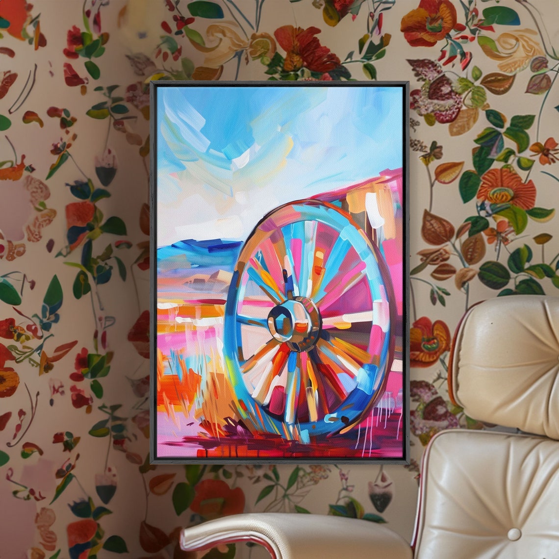 Rustic Wagon Wheel In Rainbow Abstract Colors Modern Art Poster - Image 2