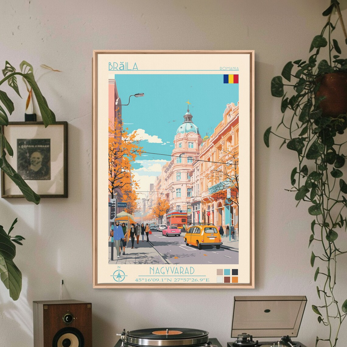 Braila Romania Autumn Street Golden Trees Classic Car Travel Poster - Image 2