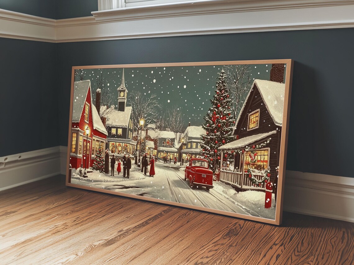 Snowy Christmas Town Square Church Clock Tower Vintage Red Truck Print - Image 3