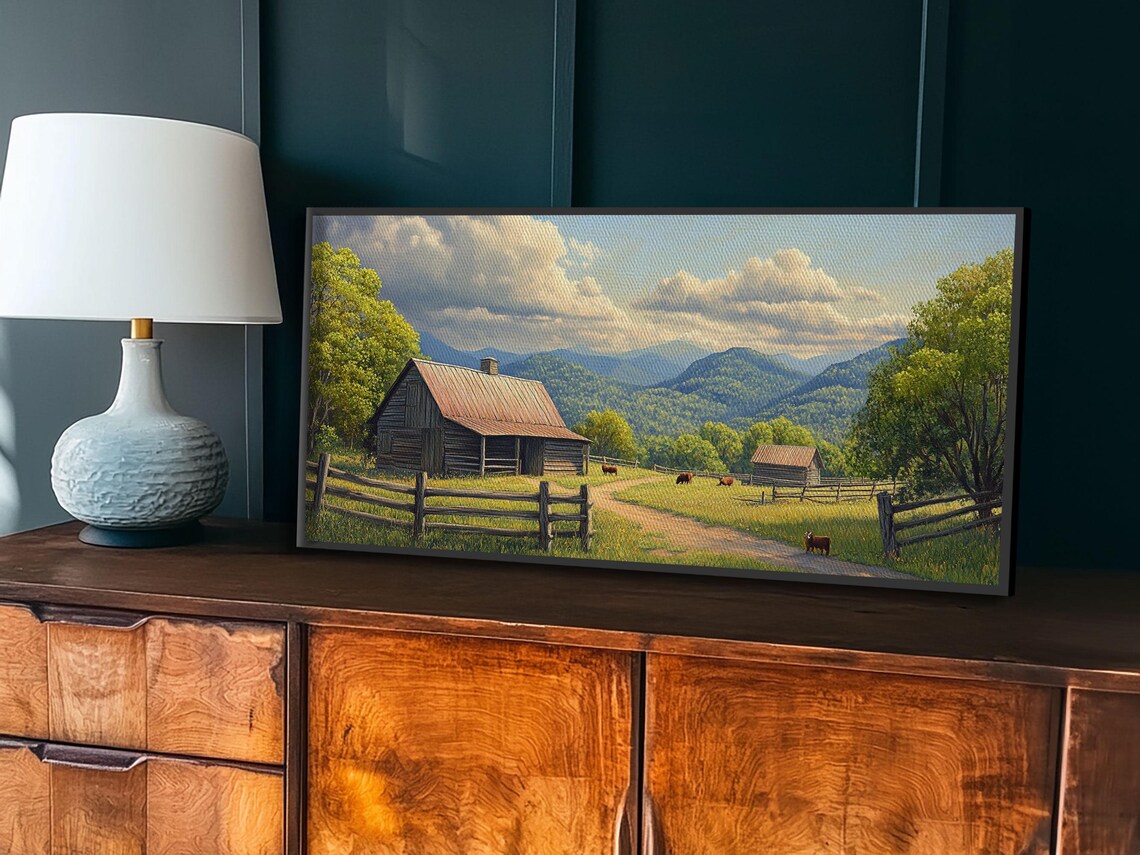Mountain Farm Homestead Barn Green Valley Cattle Landscape Art Print - Image 4