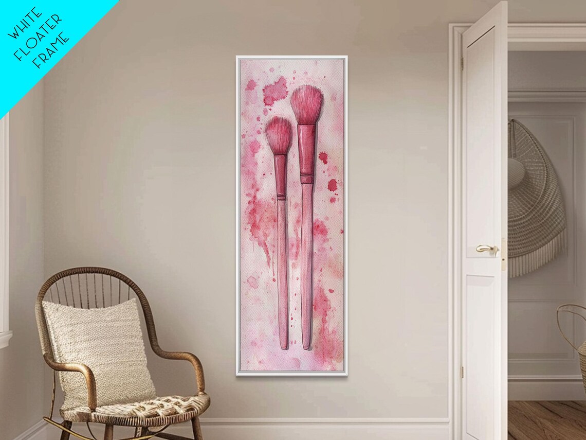 Pink Makeup Brushes Watercolor Vertical Tall Skinny Glam Vanity Wall Art - Image 4