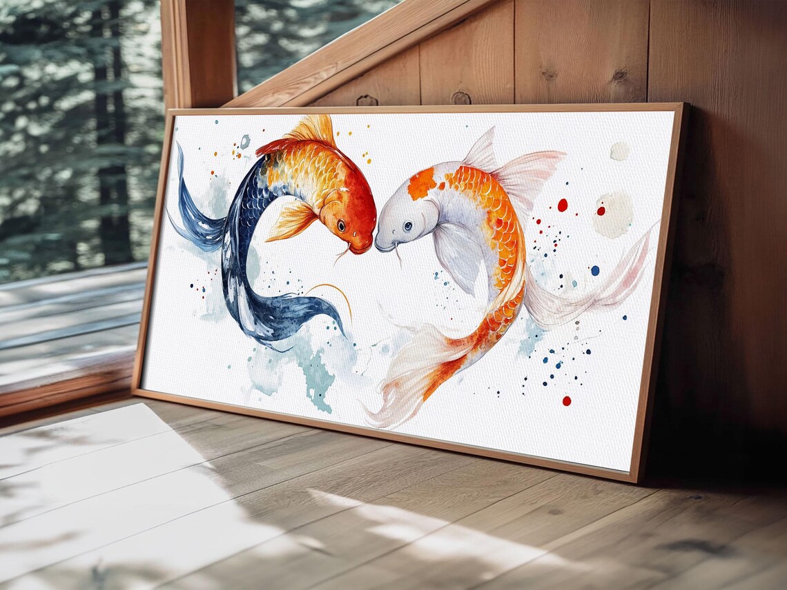 Koi Fish Couple Yin Yang Heart Curve Watercolor Splash Painting Print - Image 6