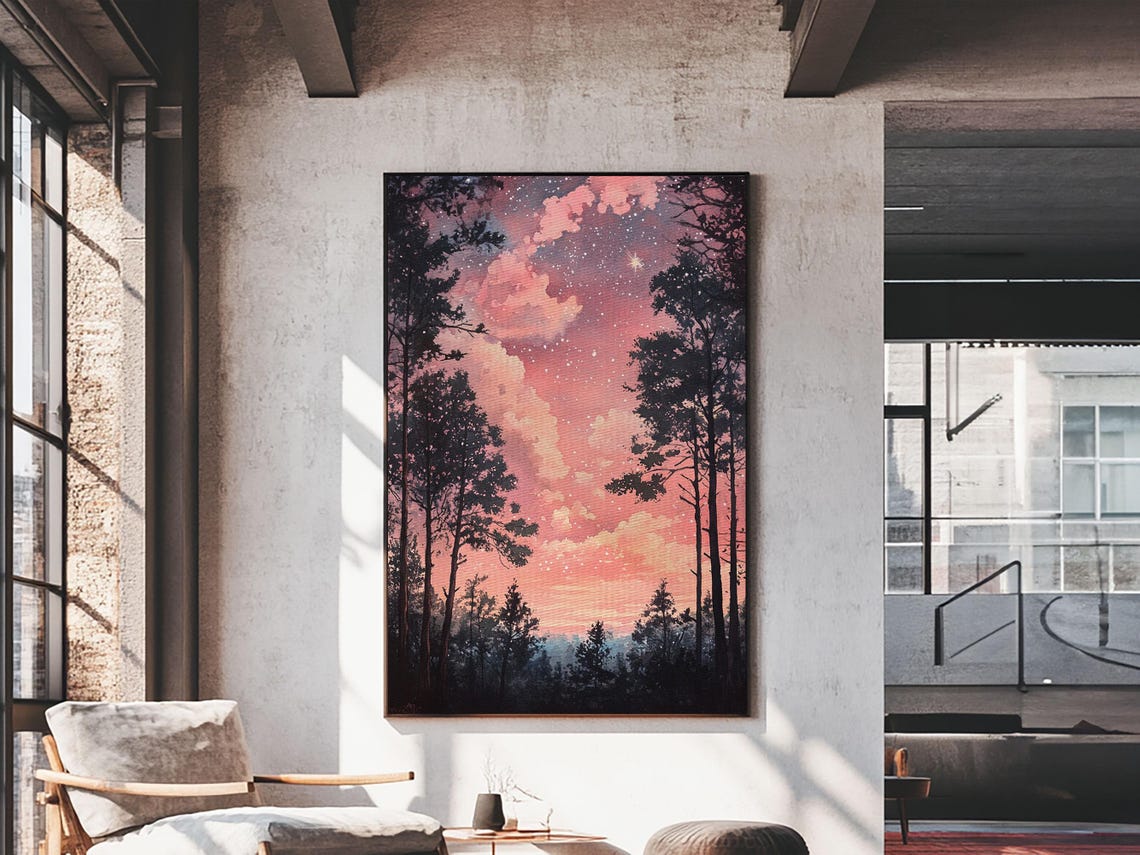 Starry Pink Dusk Sky Pine Forest Silhouette Night Wall Art Poster - Image 5