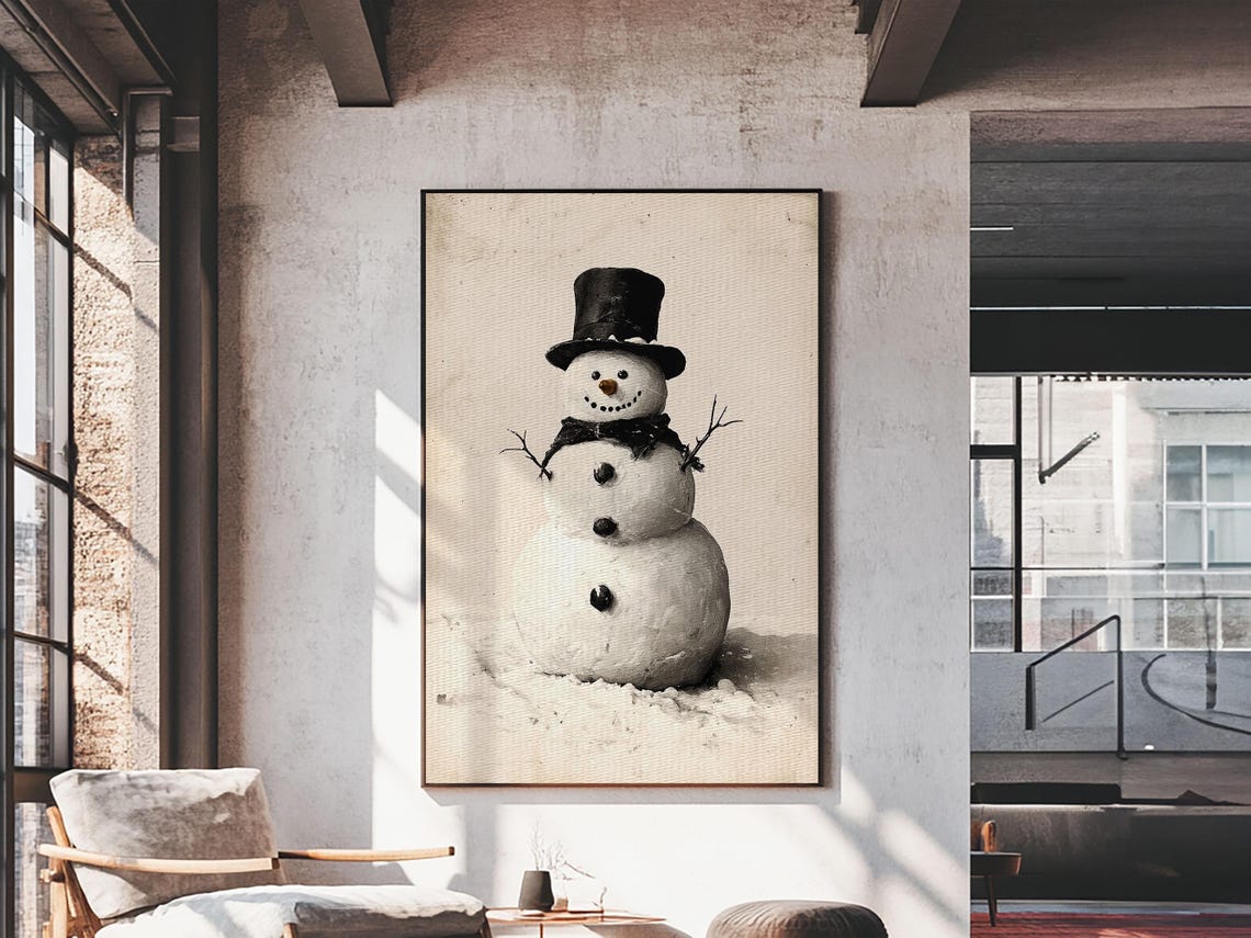 Vintage Snowman With Top Hat Painting Rustic Winter Holiday Poster - Image 2
