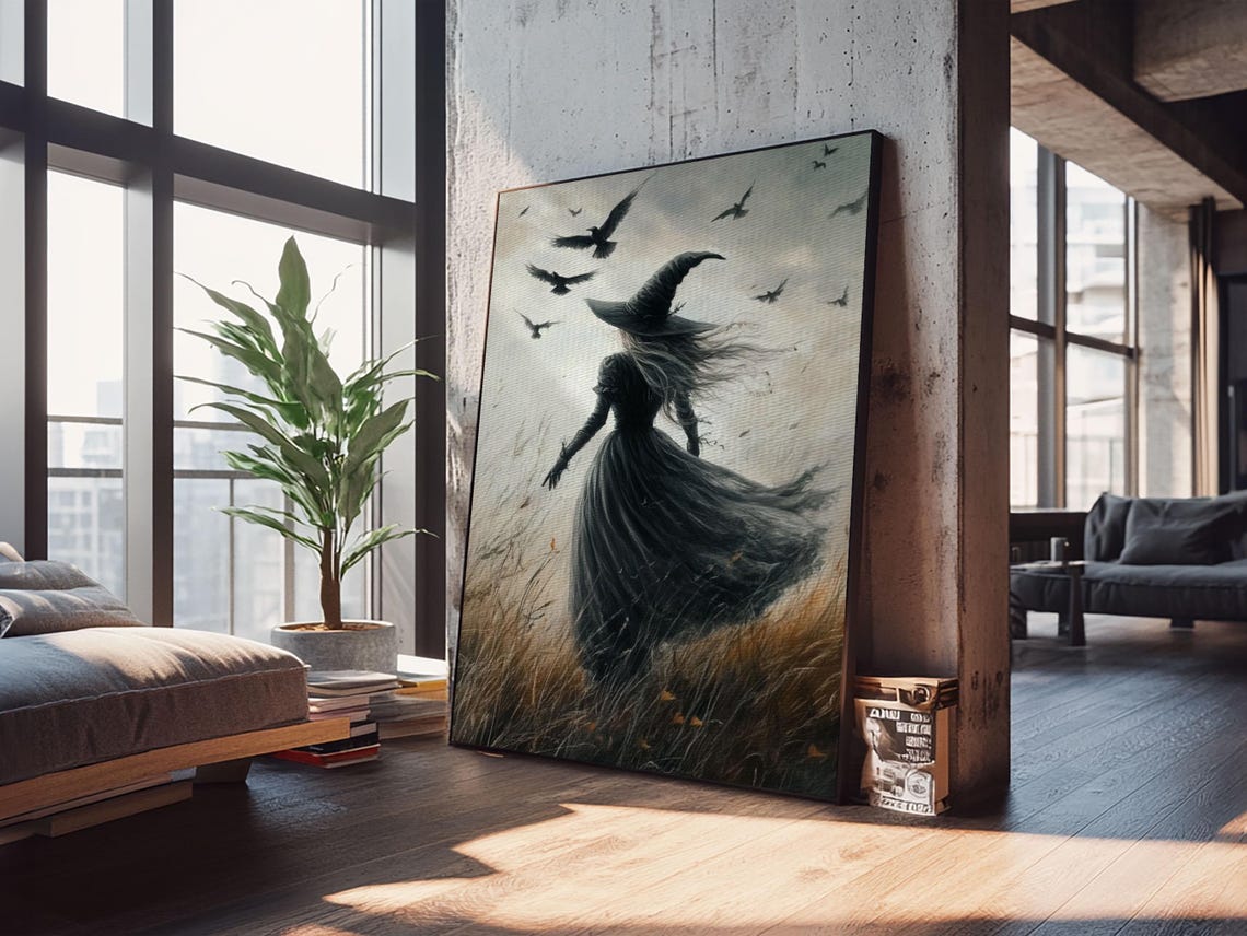 Gothic Witch Walking Windswept Field Ravens Moody Halloween Art Poster - Image 4