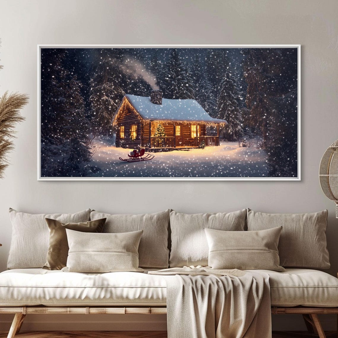 Cozy Log Cabin In The Snow At Night With Glowing Windows Poster