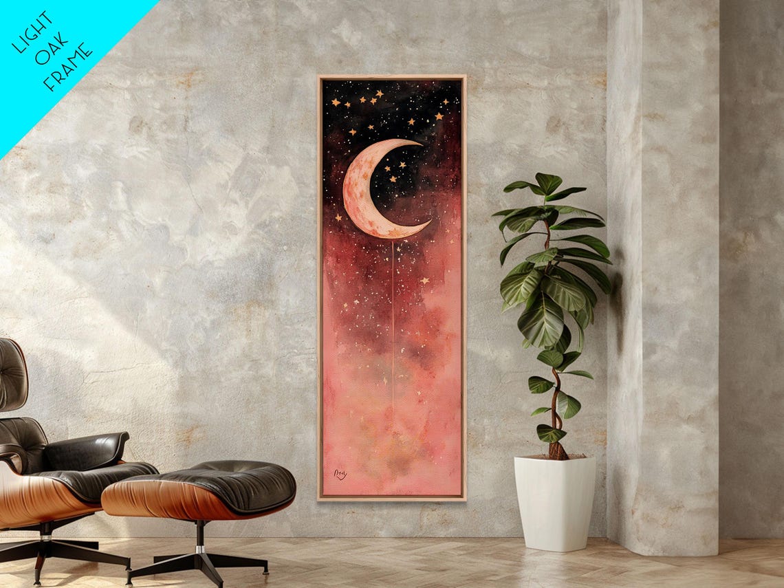 Crescent Moon Pink Starry Night Watercolor Dreamy Sky Wall Art - Image 3