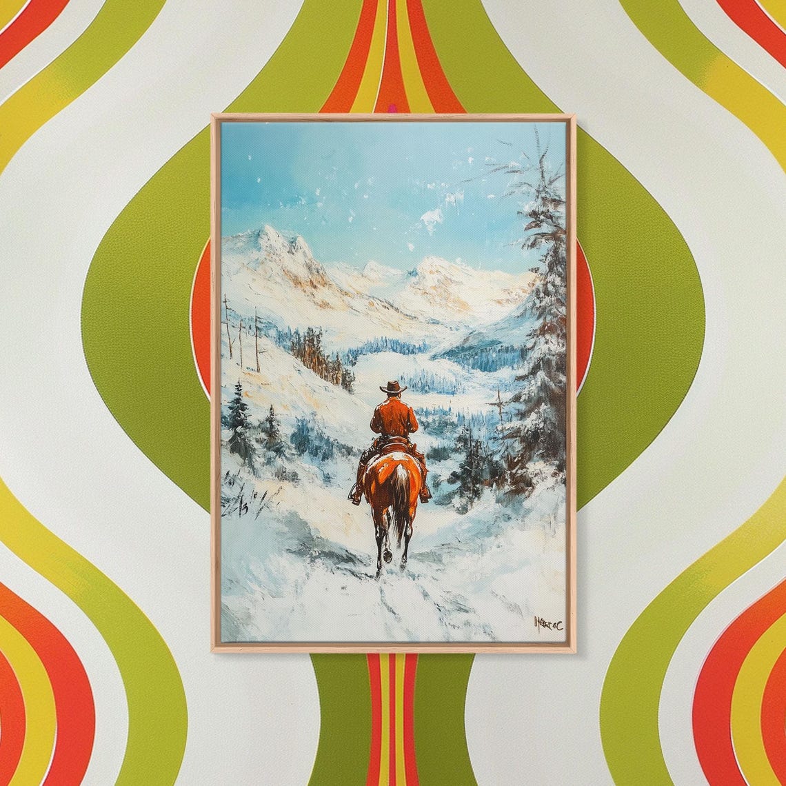 Cowboy Riding Snowy Valley Snowcapped Mountains Blue Sky Art Poster - Image 2