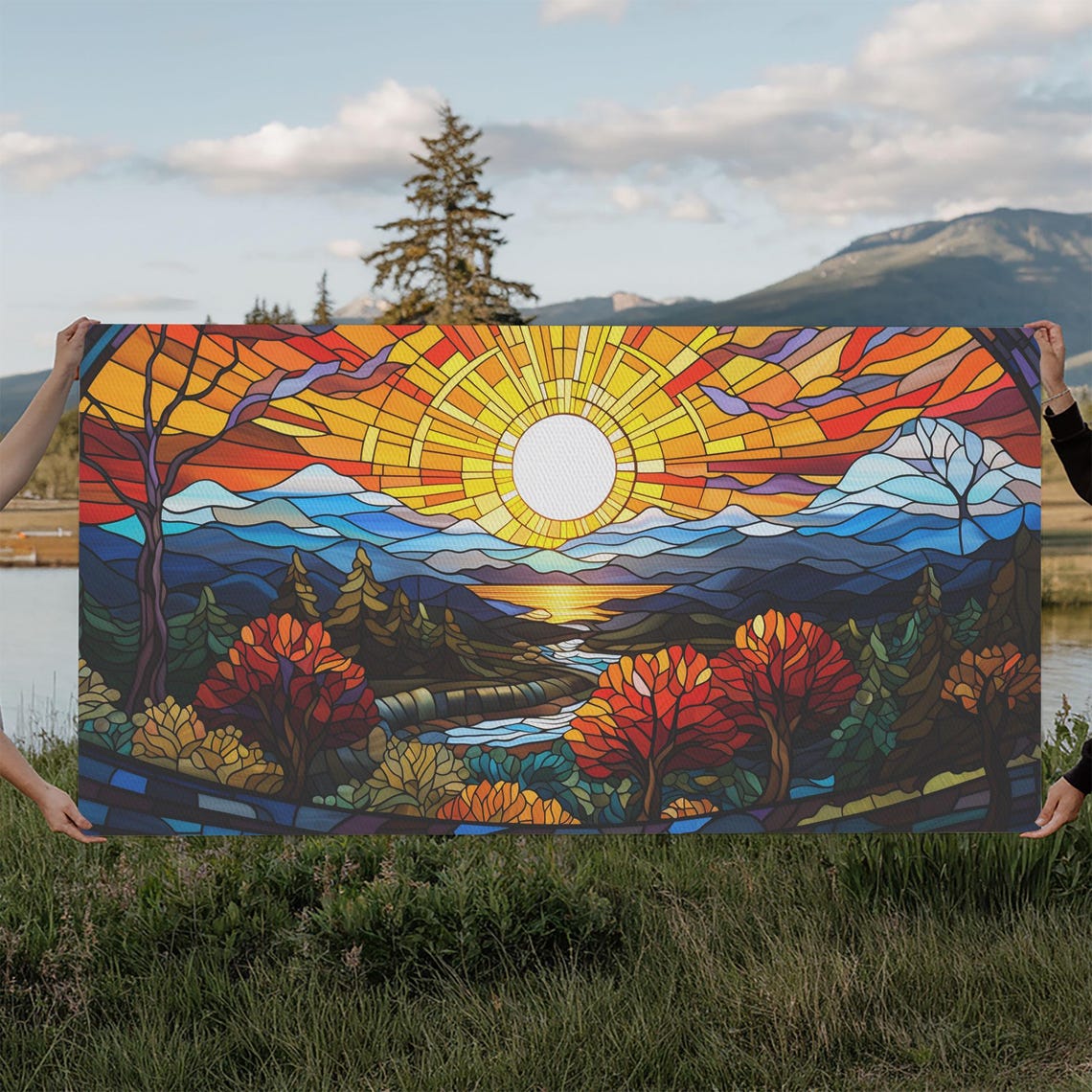 Stained Glass Sunrise Mountain Lake Autumn Forest Landscape Poster