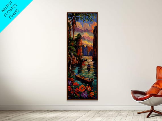 Tall And Narrow Framed Hawaii Art Print Of Boats In Waterway Painting Art For Beach House Vertical Framed Wall Art Print