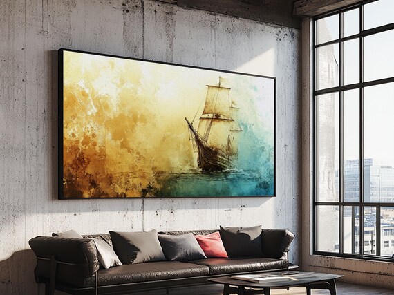 Abstract Pirate Ship Watercolor Golden Teal Ocean Wave Poster