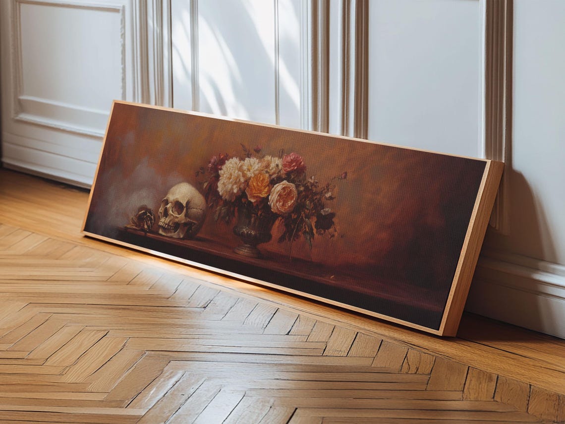 Skull Roses Gothic Still Life Dark Academia Panoramic Oil Wall Poster