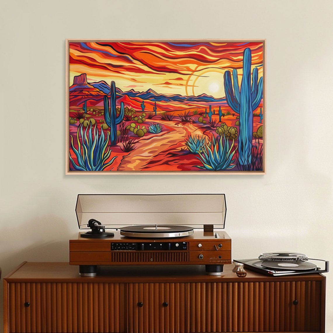 Vibrant Desert Sunset Saguaro Cactus Stylized Painting Wall Art - Image 5