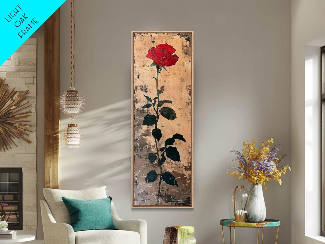 Single Red Rose Long Stem Japanese Woodblock Floral Wall Art