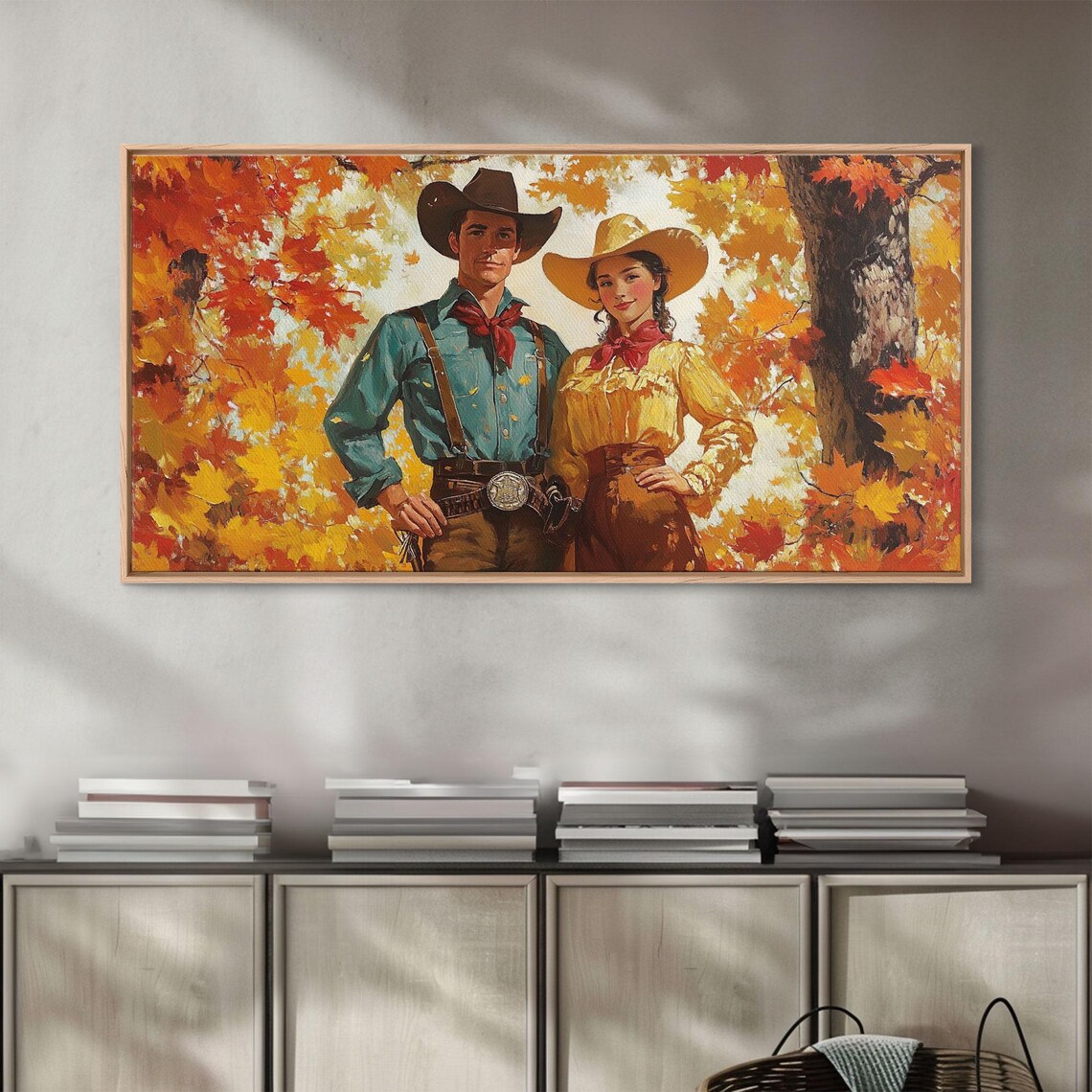 Vintage Cowboy Cowgirl Couple Portrait Among Golden Fall Leaves Poster - Image 2
