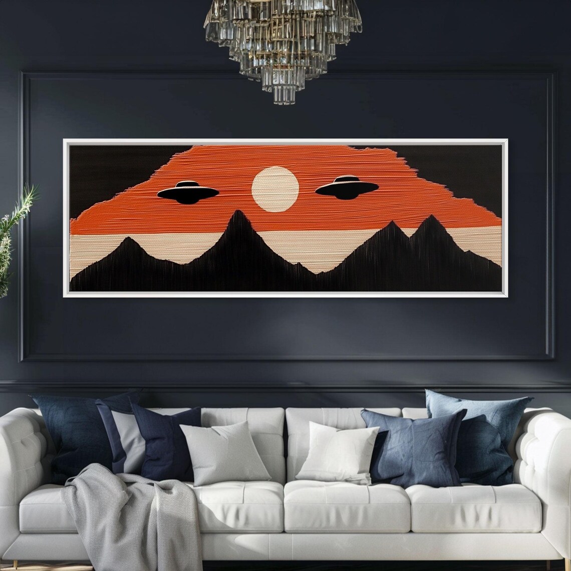 Flying Saucers Over The Mountains Retro Art Deco Inspired Scifi Art Panoramic Print Cute Nursery Decor - Image 5