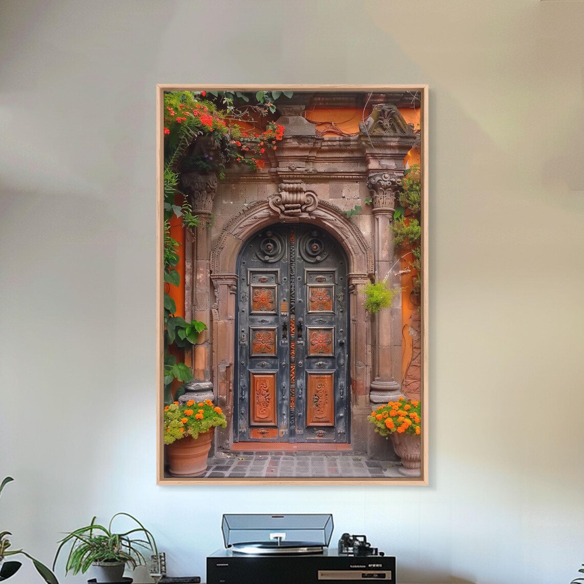 Dark Carved Wooden Double Door Orange Blooms Stone Portal Art Poster