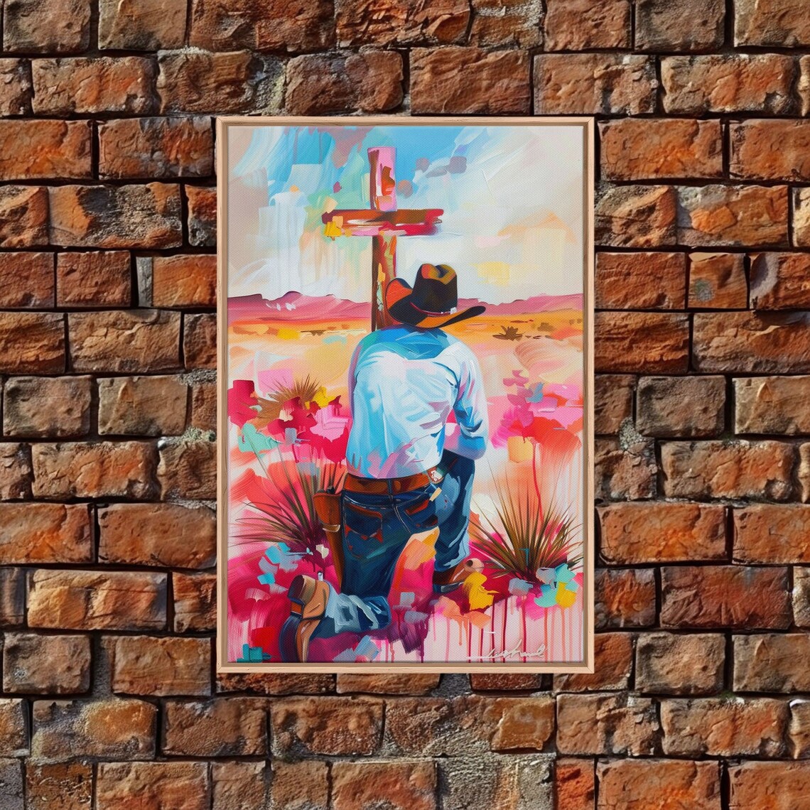 Cowboy Praying by the Cross, Western Wall Art Print - Image 2