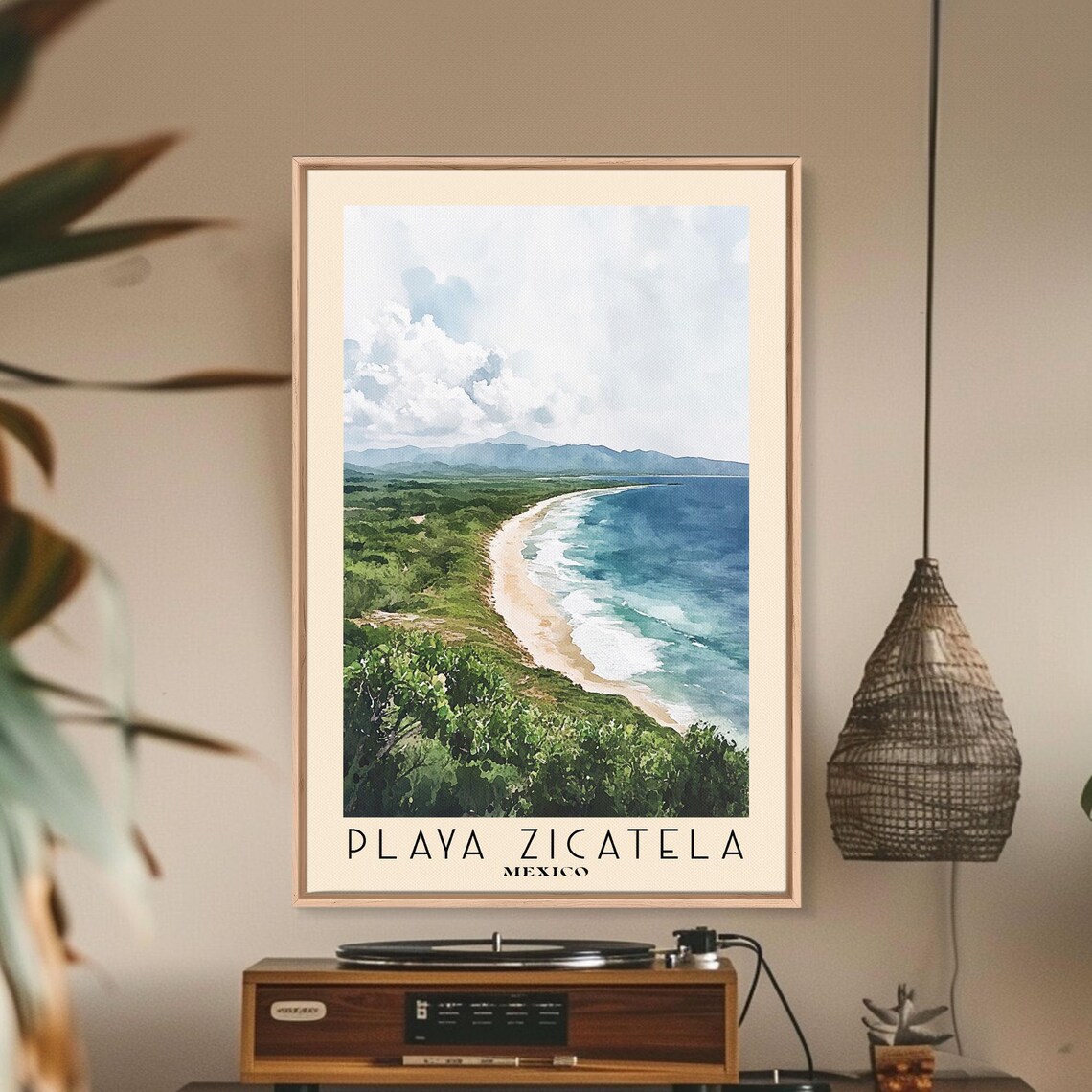 Playa Zicatela Mexico Long Surf Beach Green Hills Watercolor Travel Poster - Image 2
