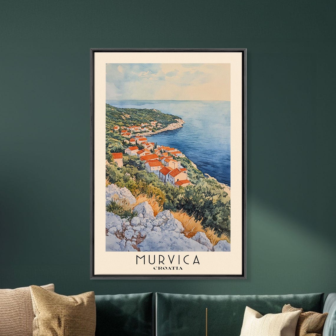 Murvica Croatia Hillside Village Red Roofs Sea View Watercolor Poster - Image 5