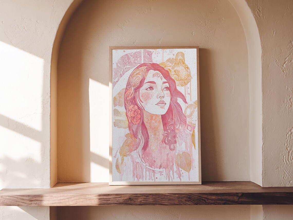 Pink Goddess Portrait Watercolor Floral Feminine Muse Wall Art Poster - Image 5