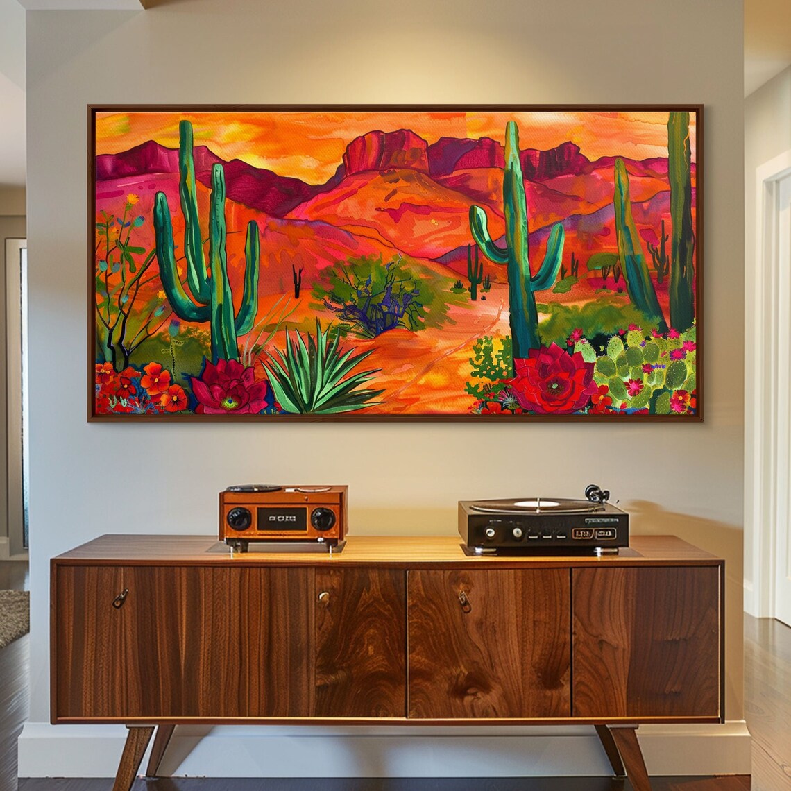 Saguaro Cactus Desert Sunset Red Rock Mountains Bold Floral Poster
