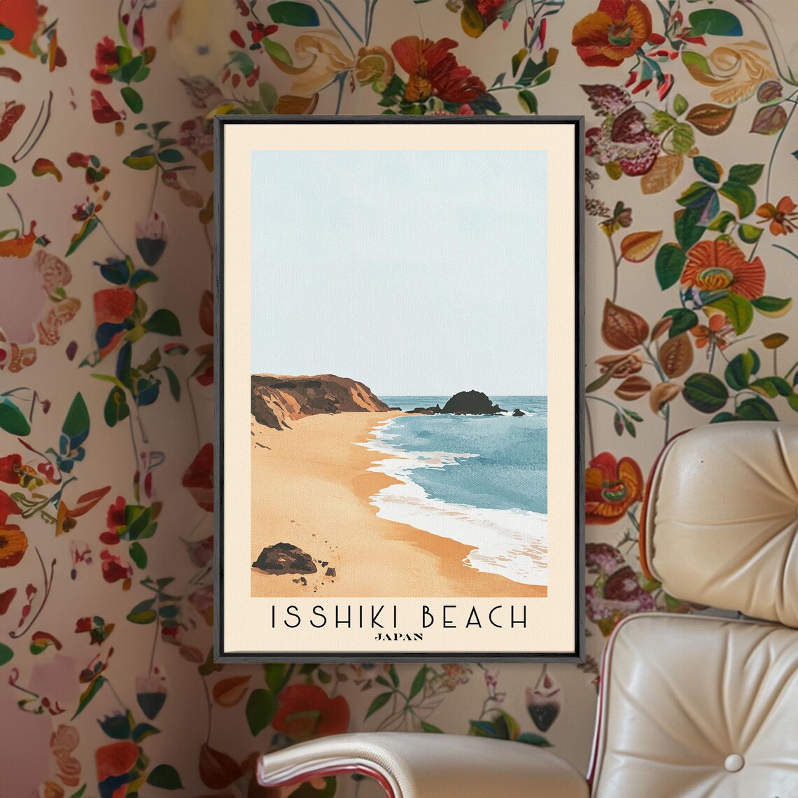 Isshiki Beach Japan Golden Sand Minimalist Cove Watercolor Travel Poster - Image 2