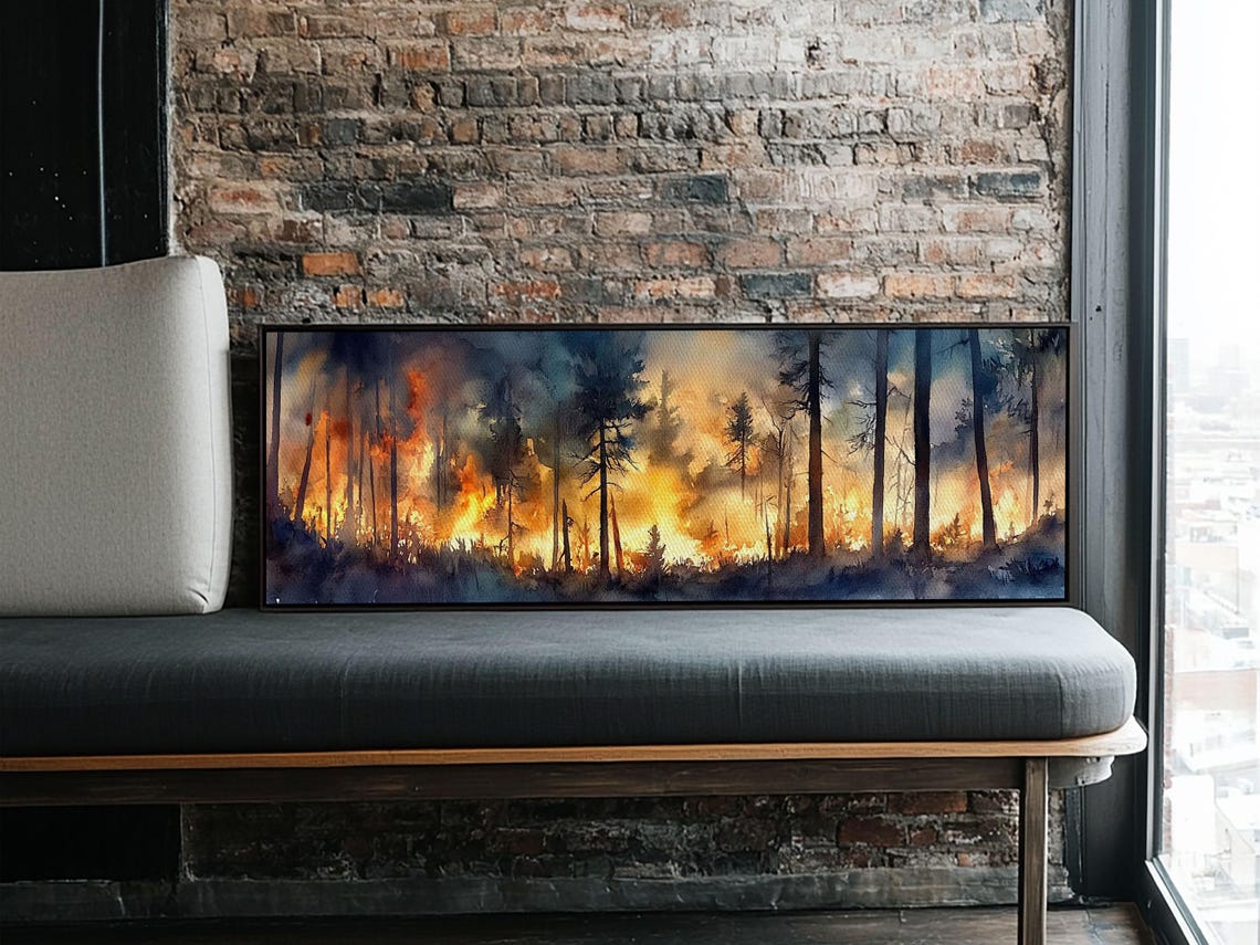 Forest Fire Burning Between Dark Pines Moody Watercolor Poster - Image 3